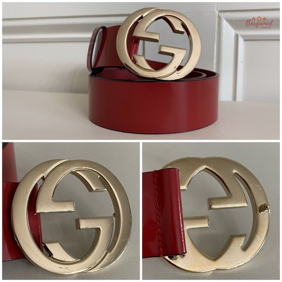 Authentic GUCCI Red Glossy Leather Gold Interlocking G Buckle Belt 80/32 - Picture 2 of 13
